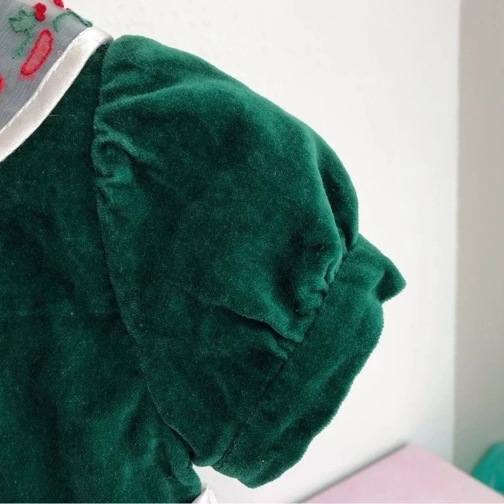 Strasburg Christmas dress green velvet, embroidered collar & satin sash 6 month - Picture 8 of 11